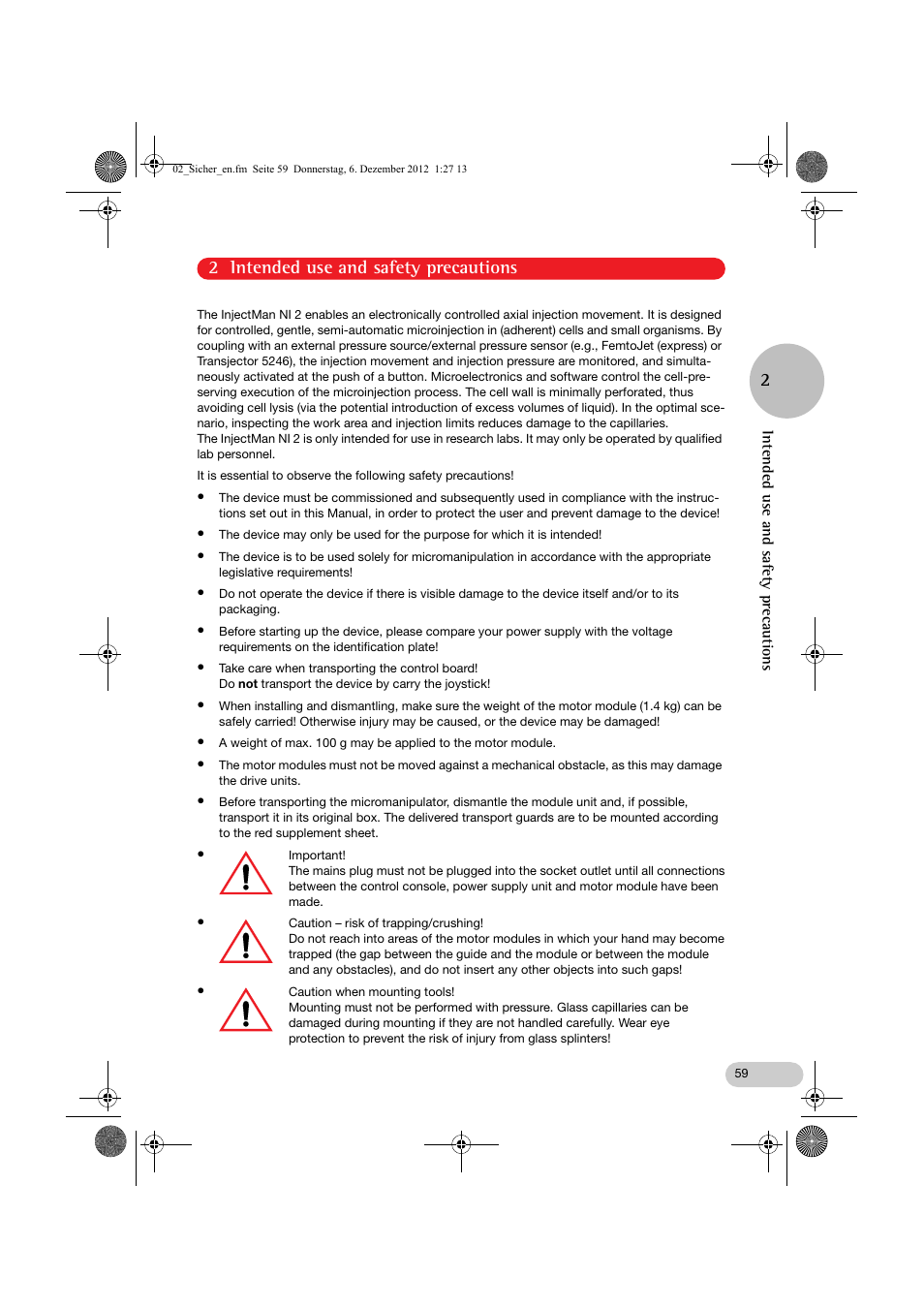 02_sicher_en.fm, 2 intended use and safety precautions 2 | Eppendorf InjectMan NI 2 User Manual | Page 6 / 60