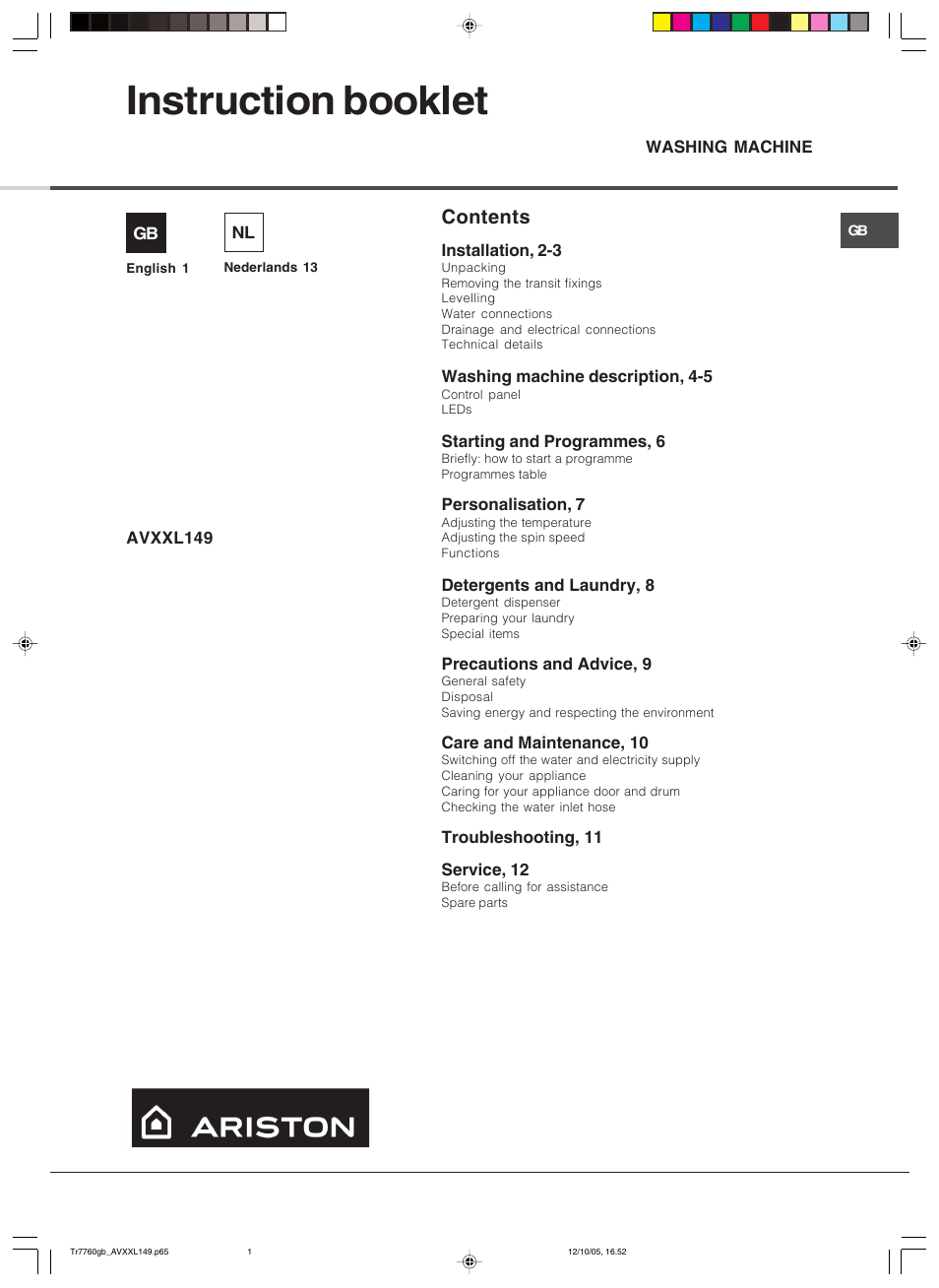 Ariston AVXXL149 User Manual | 12 pages
