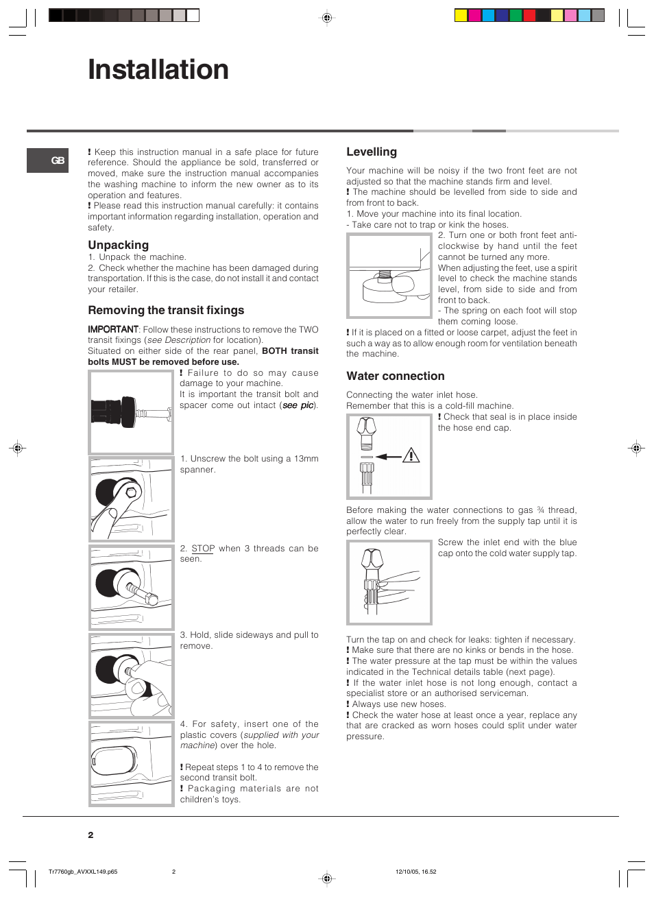 Installation, Unpacking, Removing the transit fixings | Levelling, Water connection | Ariston AVXXL149 User Manual | Page 2 / 12