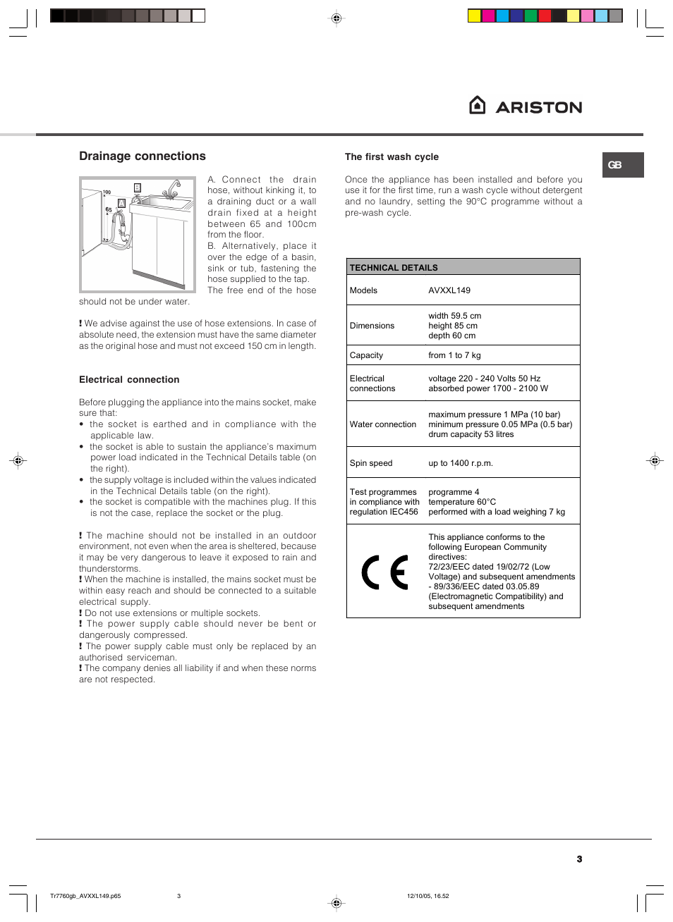 Drainage connections | Ariston AVXXL149 User Manual | Page 3 / 12