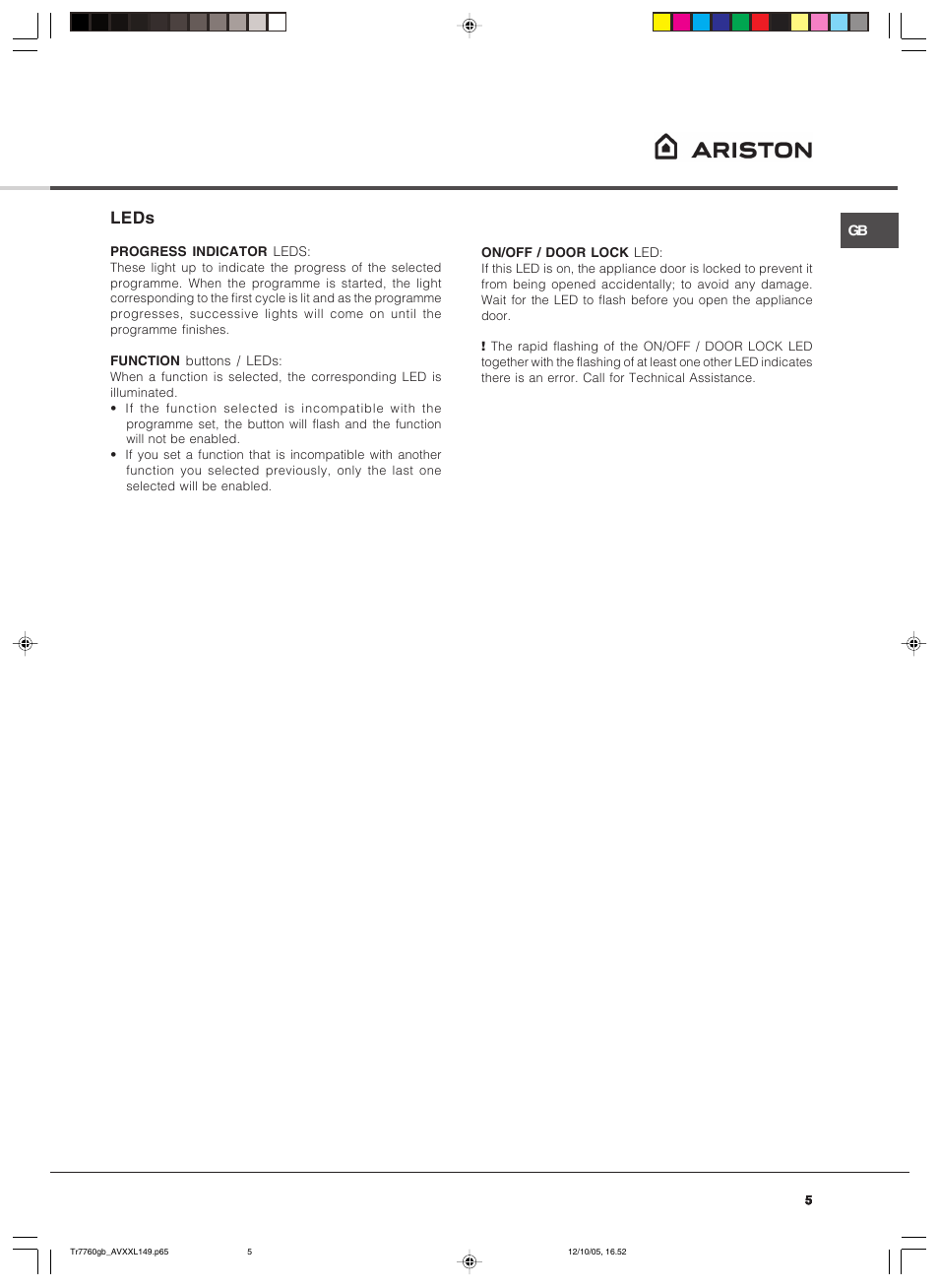 Leds | Ariston AVXXL149 User Manual | Page 5 / 12