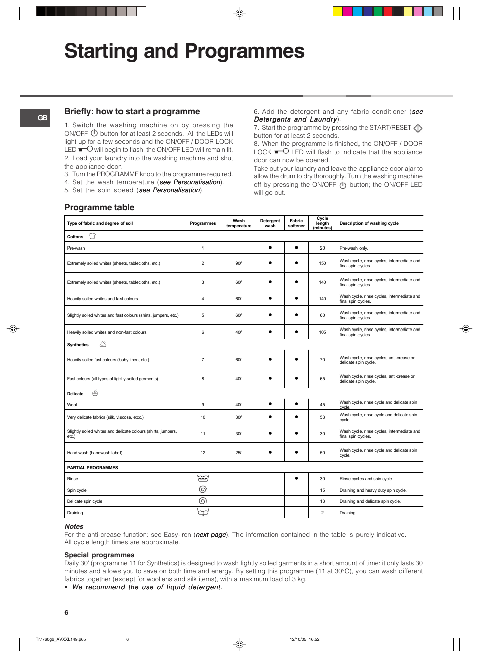 Starting and programmes, Briefly: how to start a programme, Programme table | Ariston AVXXL149 User Manual | Page 6 / 12