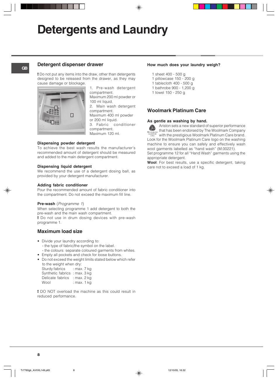 Detergents and laundry, Detergent dispenser drawer, Maximum load size | Woolmark platinum care | Ariston AVXXL149 User Manual | Page 8 / 12