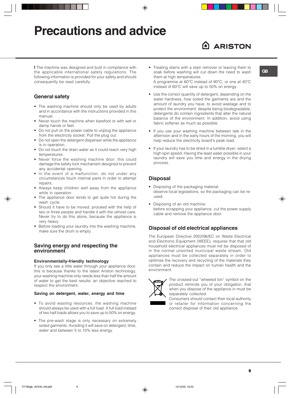Precautions and advice, General safety, Saving energy and respecting the environment | Disposal, Disposal of old electrical appliances | Ariston AVXXL149 User Manual | Page 9 / 12