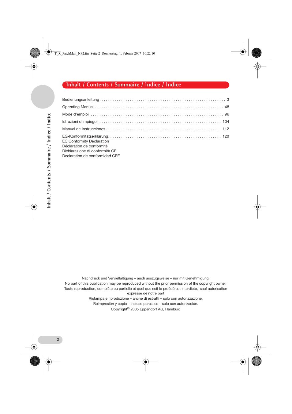 Inhalt / contents / sommaire / indice / indice | Eppendorf PatchMan NP 2 User Manual | Page 2 / 53