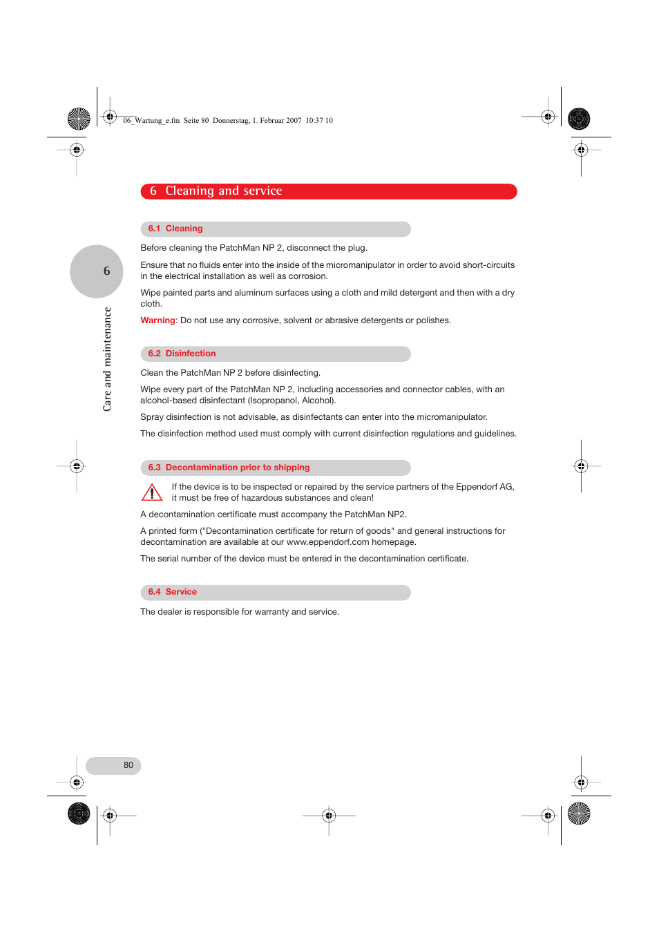 6 cleaning and service 6 | Eppendorf PatchMan NP 2 User Manual | Page 35 / 53