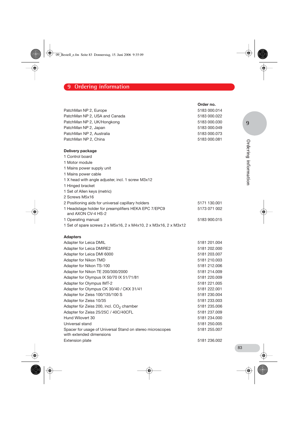 9 ordering information, Ordering information | Eppendorf PatchMan NP 2 User Manual | Page 38 / 53