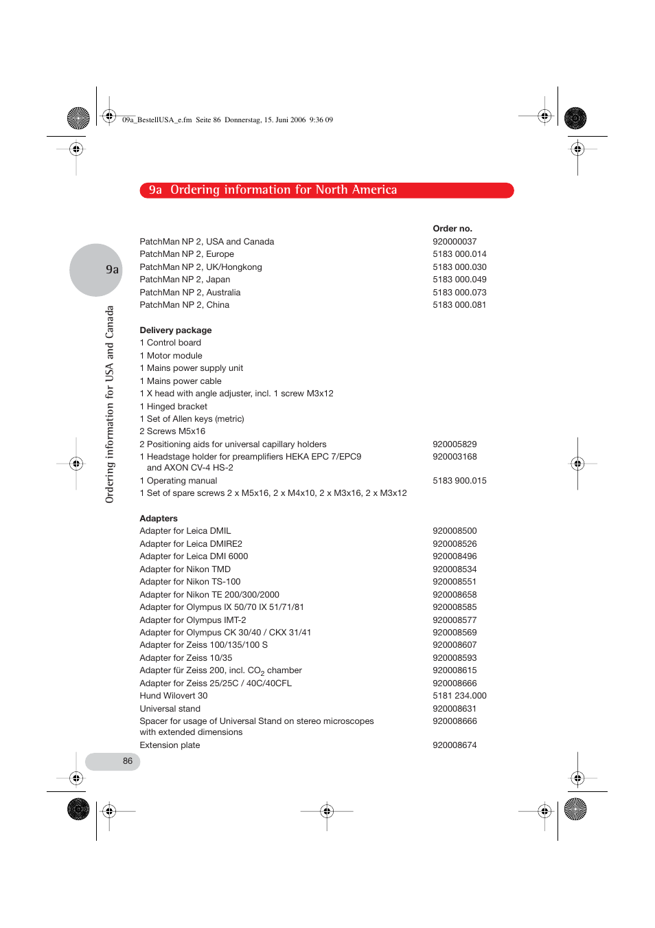 9a ordering information for north america 9a, Ordering information for usa and canada | Eppendorf PatchMan NP 2 User Manual | Page 41 / 53