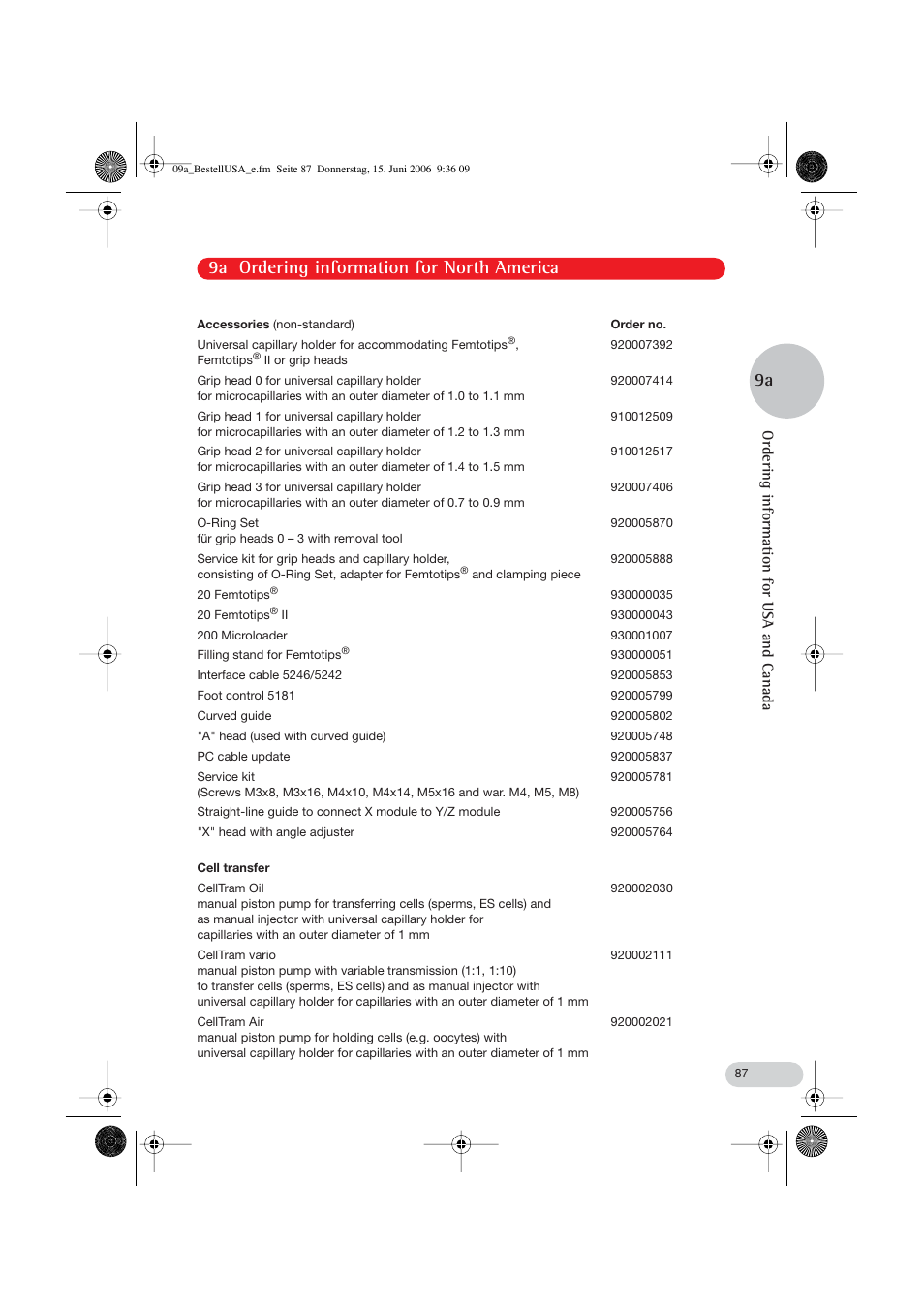 9a ordering information for north america, Ordering information for usa and canada | Eppendorf PatchMan NP 2 User Manual | Page 42 / 53