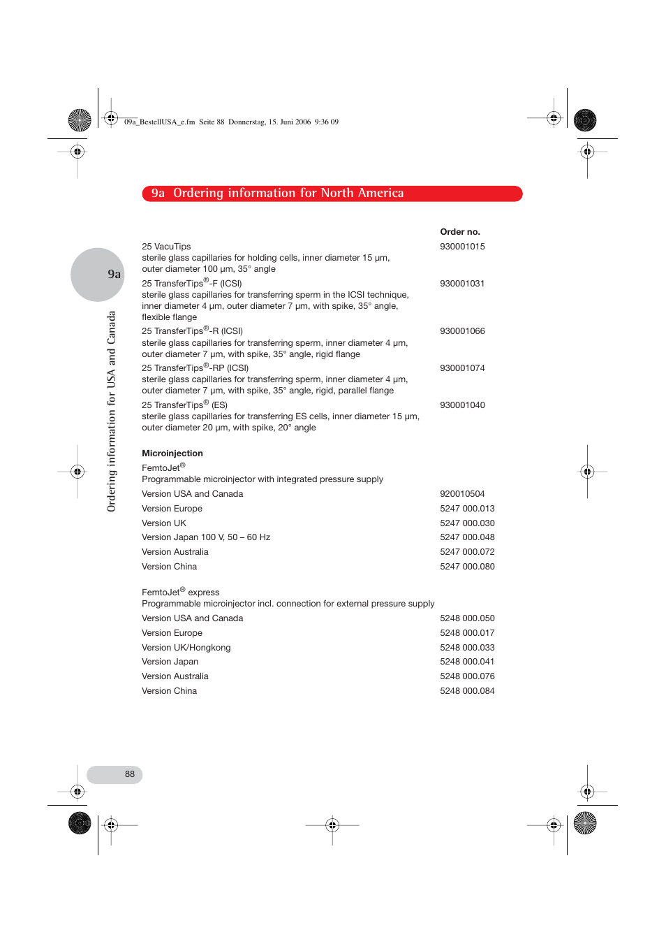 9a ordering information for north america 9a, Ordering information for usa and canada | Eppendorf PatchMan NP 2 User Manual | Page 43 / 53