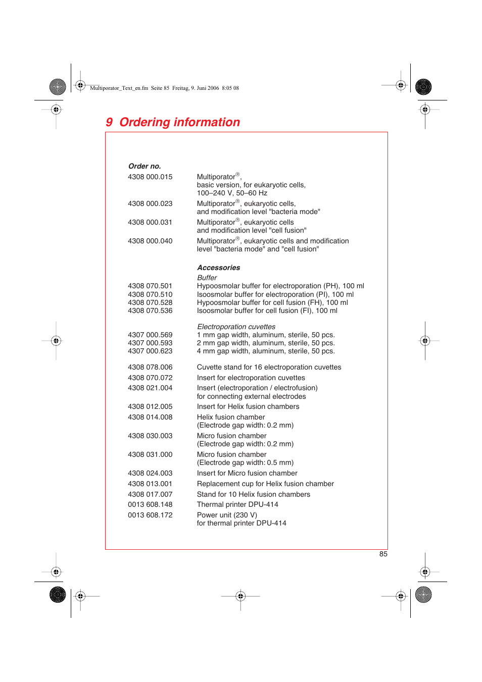 9 ordering information | Eppendorf Multiporator User Manual | Page 43 / 49