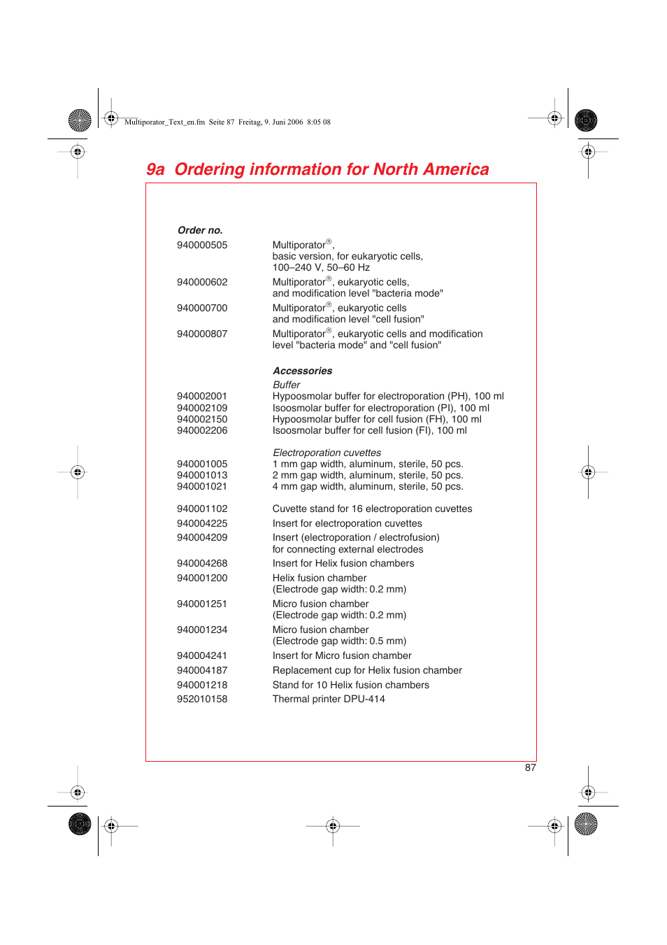 9a ordering information for north america | Eppendorf Multiporator User Manual | Page 45 / 49