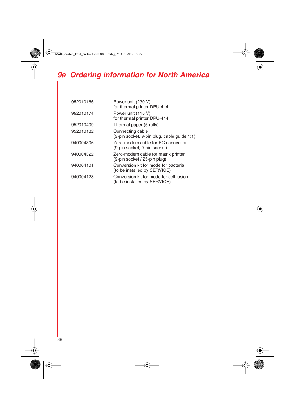 9a ordering information for north america | Eppendorf Multiporator User Manual | Page 46 / 49