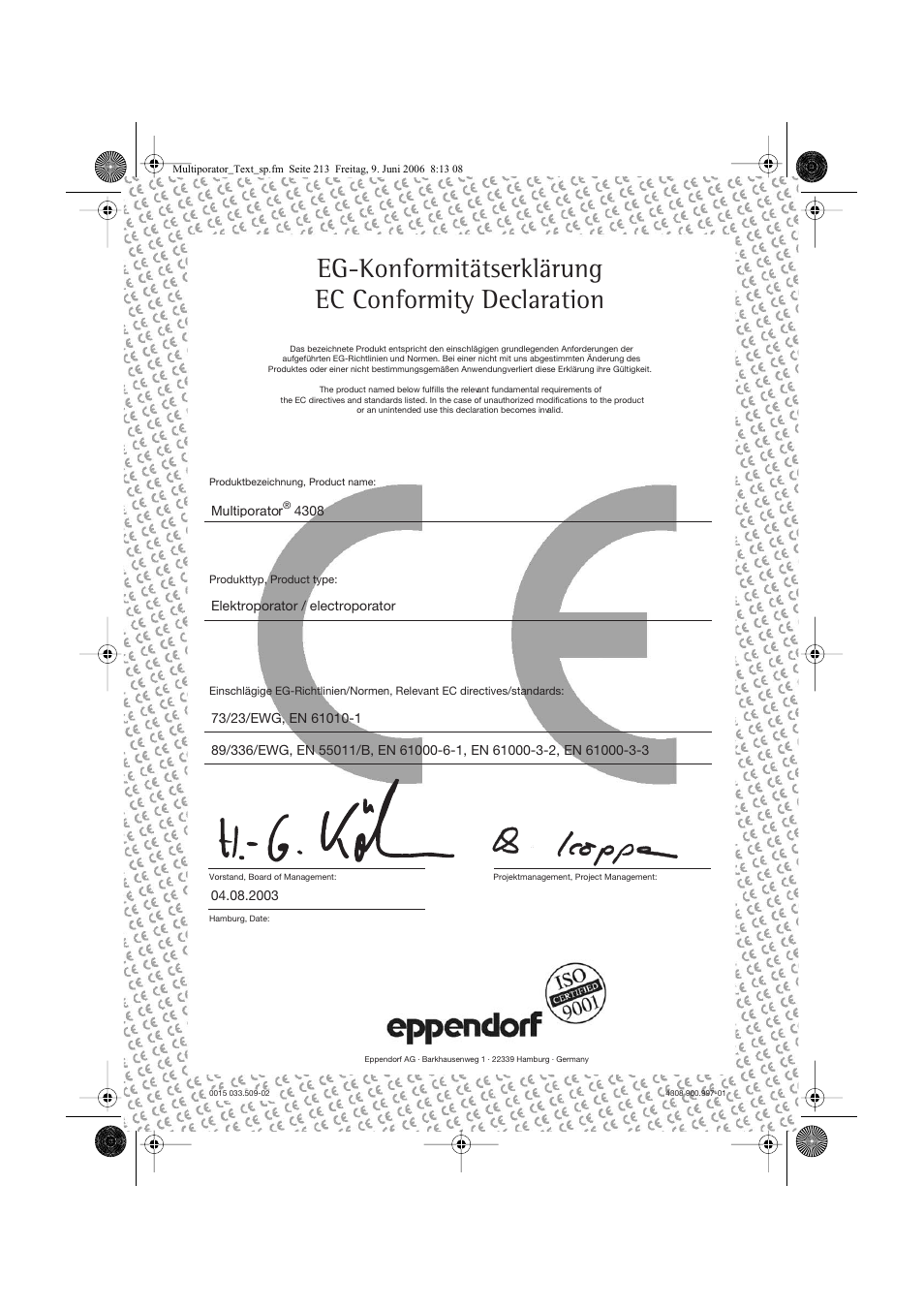 Eg-konformitätserklärung ec conformity declaration | Eppendorf Multiporator User Manual | Page 47 / 49