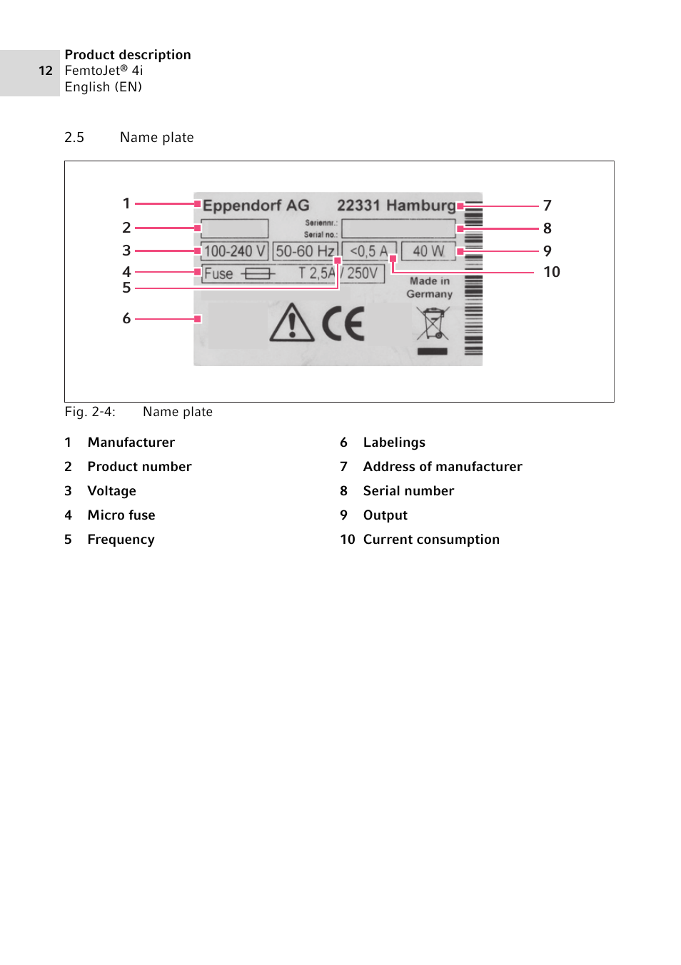 5 name plate, Name plate | Eppendorf FemtoJet 4x v.1 User Manual | Page 12 / 56