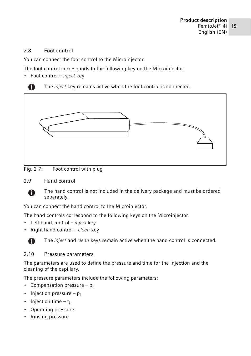 8 foot control, 9 hand control, 10 pressure parameters | Foot control, Hand control, Pressure parameters | Eppendorf FemtoJet 4x v.1 User Manual | Page 15 / 56