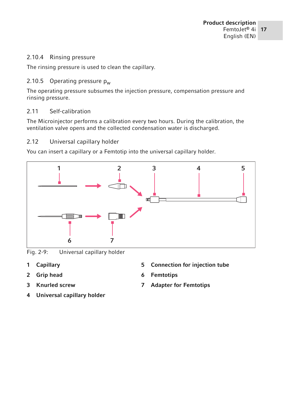 4 rinsing pressure, 5 operating pressure pw, 11 self-calibration | 12 universal capillary holder, Rinsing pressure, Operating pressure p, Self-calibration, Universal capillary holder | Eppendorf FemtoJet 4x v.1 User Manual | Page 17 / 56