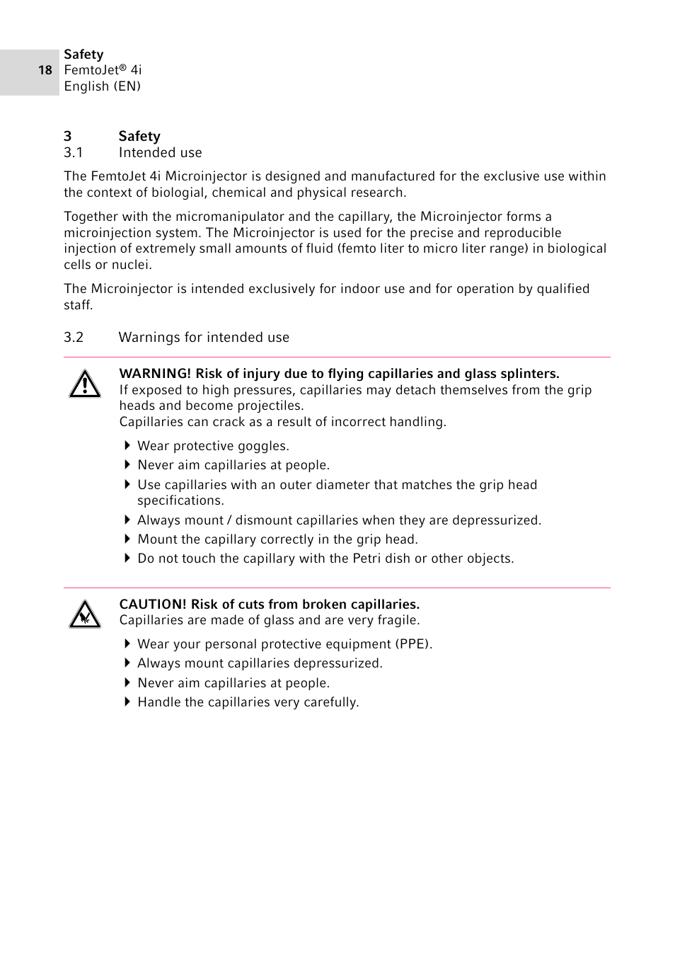 3 safety, 1 intended use, 2 warnings for intended use | Safety 3.1, Intended use, Warnings for intended use | Eppendorf FemtoJet 4x v.1 User Manual | Page 18 / 56