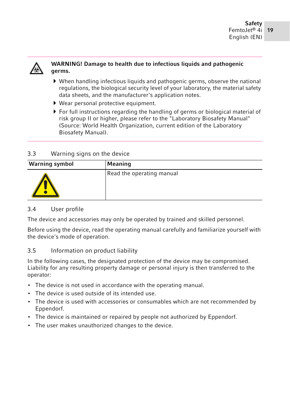 3 warning signs on the device, 4 user profile, 5 information on product liability | Warning signs on the device, User profile, Information on product liability | Eppendorf FemtoJet 4x v.1 User Manual | Page 19 / 56