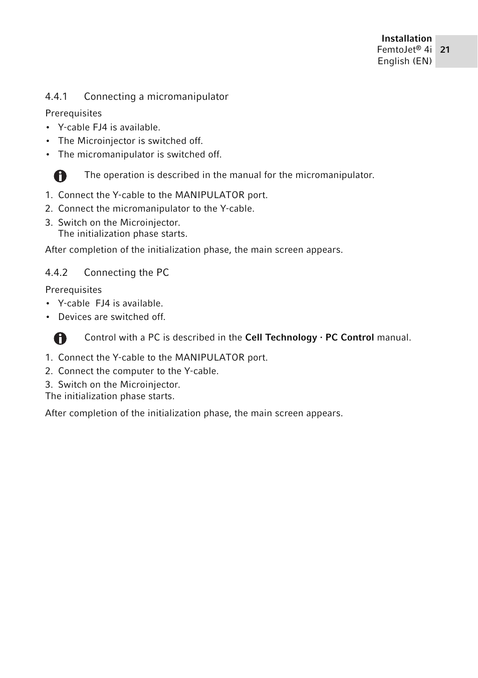 1 connecting a micromanipulator, 2 connecting the pc, Connecting a micromanipulator | Connecting the pc | Eppendorf FemtoJet 4x v.1 User Manual | Page 21 / 56