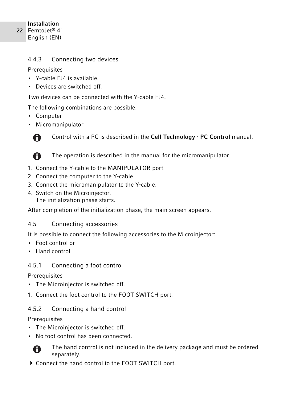 3 connecting two devices, 5 connecting accessories, 1 connecting a foot control | 2 connecting a hand control, Connecting two devices, Connecting accessories 4.5.1, Connecting a foot control, Connecting a hand control | Eppendorf FemtoJet 4x v.1 User Manual | Page 22 / 56