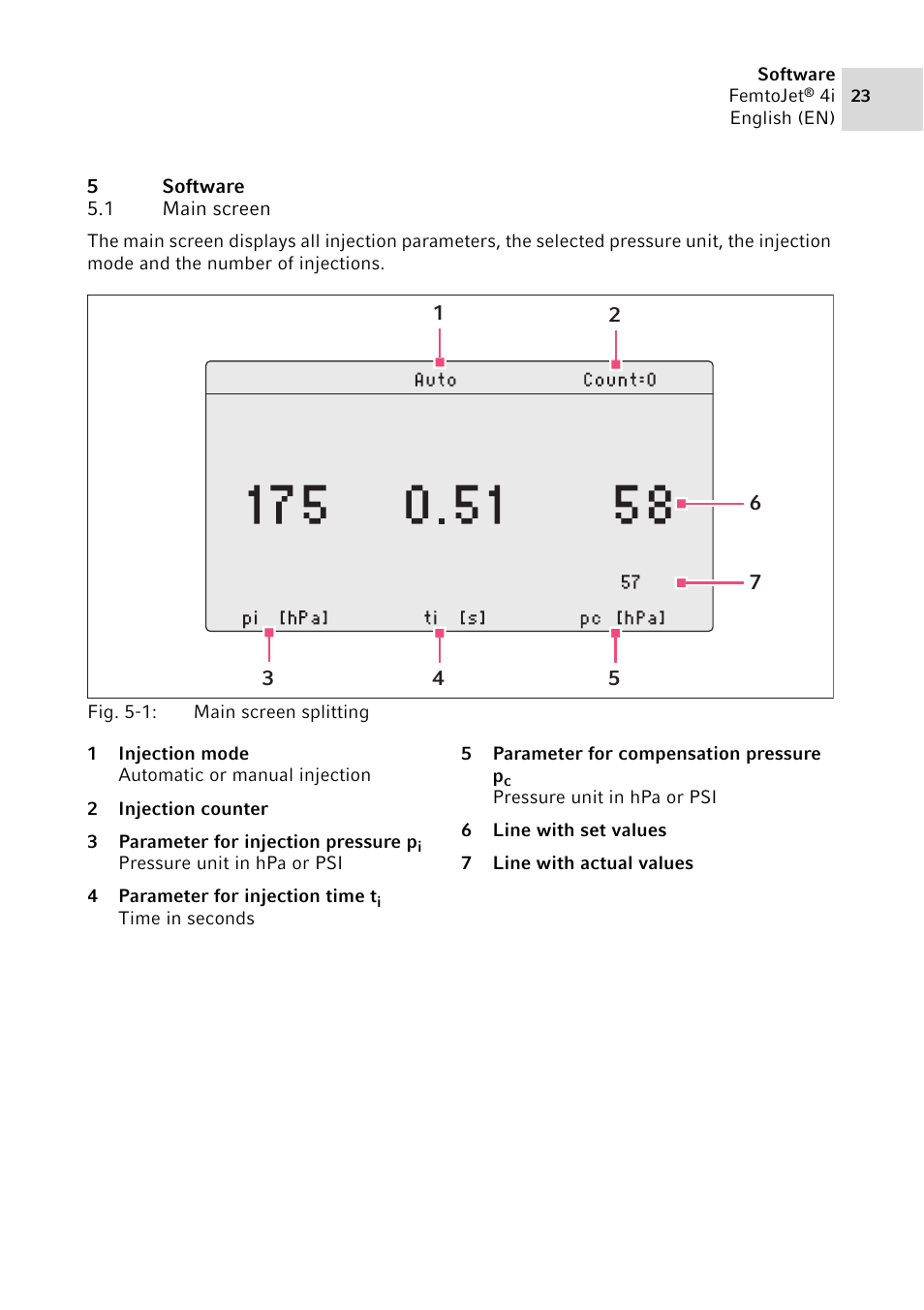 5 software, 1 main screen, Software 5.1 | Main screen | Eppendorf FemtoJet 4x v.1 User Manual | Page 23 / 56