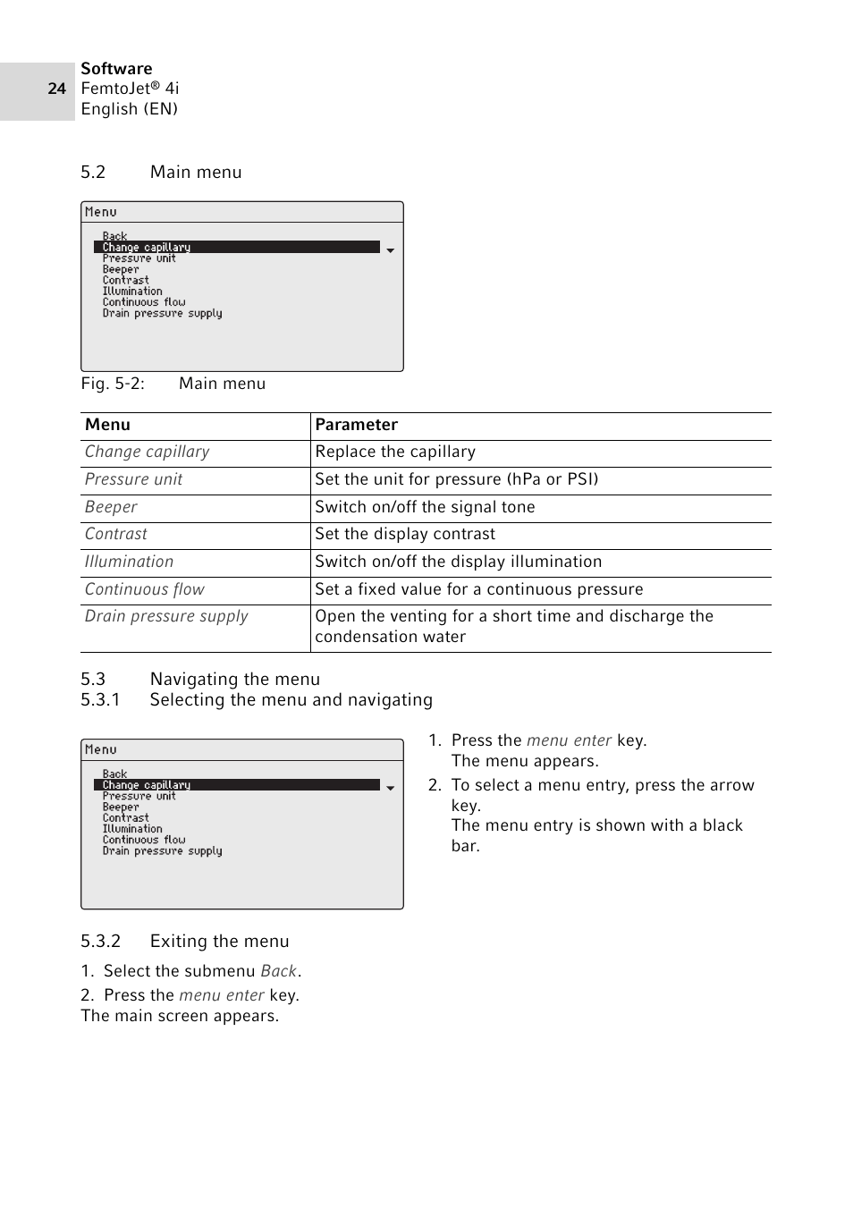 2 main menu, 3 navigating the menu, 1 selecting the menu and navigating | 2 exiting the menu, Main menu, Navigating the menu 5.3.1, Selecting the menu and navigating, Exiting the menu | Eppendorf FemtoJet 4x v.1 User Manual | Page 24 / 56