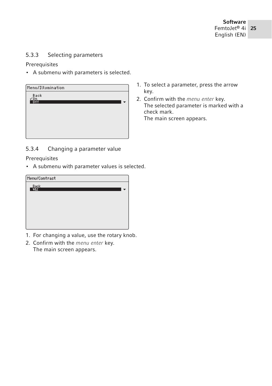 3 selecting parameters, 4 changing a parameter value, Selecting parameters | Changing a parameter value | Eppendorf FemtoJet 4x v.1 User Manual | Page 25 / 56