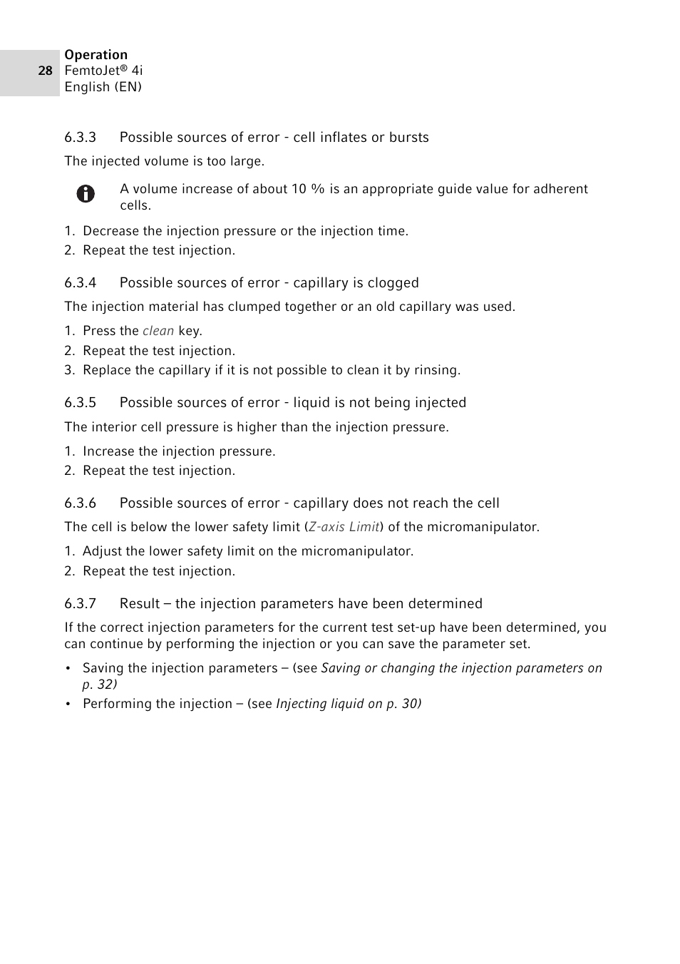 4 possible sources of error - capillary is clogged, Possible sources of error - capillary is clogged | Eppendorf FemtoJet 4x v.1 User Manual | Page 28 / 56