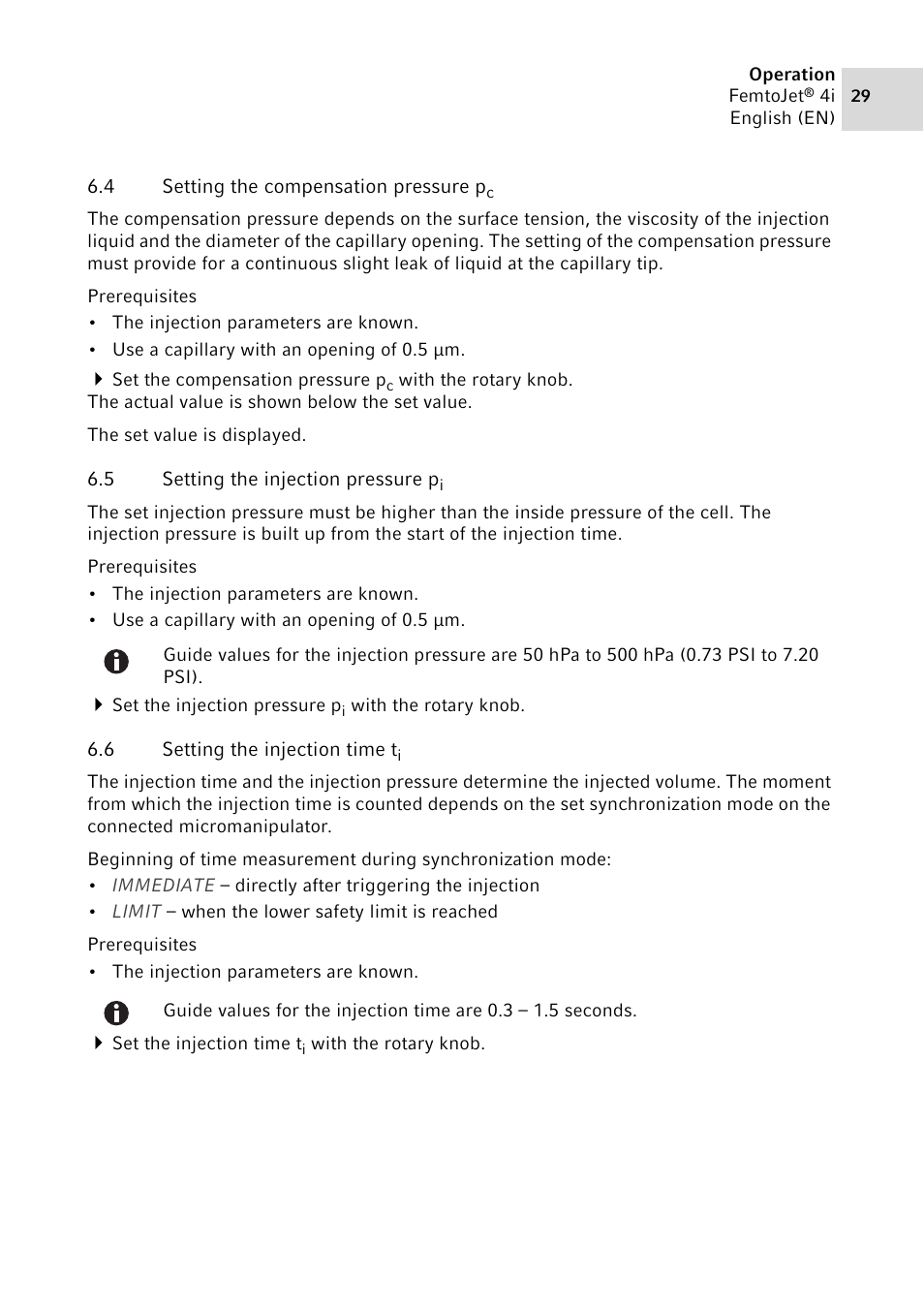 4 setting the compensation pressure pc, 5 setting the injection pressure pi, 6 setting the injection time ti | Setting the compensation pressure p, Setting the injection pressure p, Setting the injection time t | Eppendorf FemtoJet 4x v.1 User Manual | Page 29 / 56