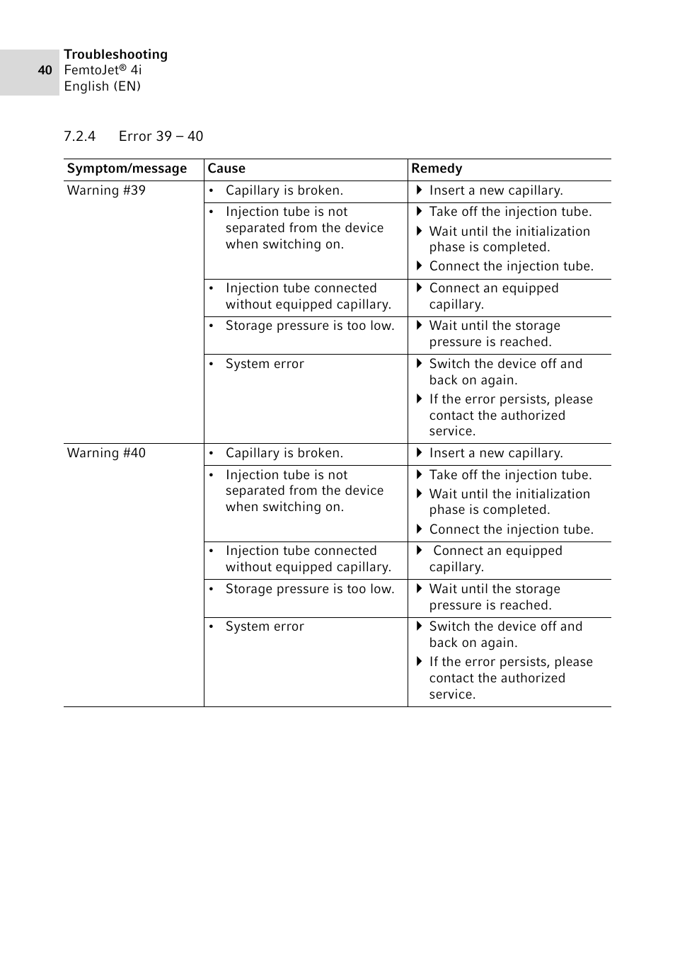 4 error 39 – 40, Error 39 – 40 | Eppendorf FemtoJet 4x v.1 User Manual | Page 40 / 56