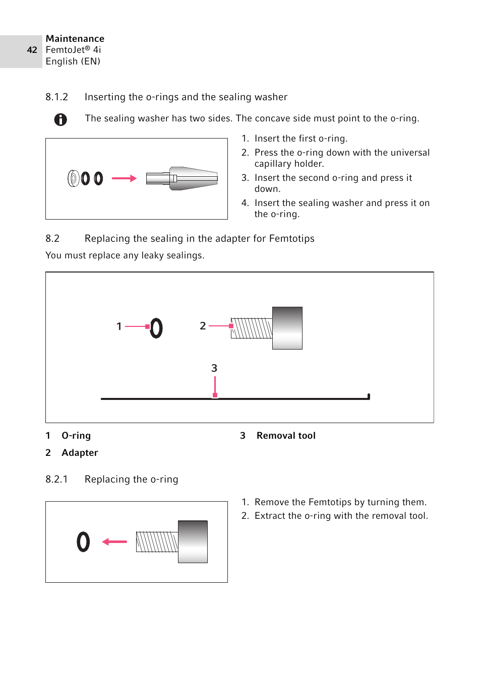 2 inserting the o-rings and the sealing washer, 1 replacing the o-ring, Inserting the o-rings and the sealing washer | Replacing the o-ring | Eppendorf FemtoJet 4x v.1 User Manual | Page 42 / 56