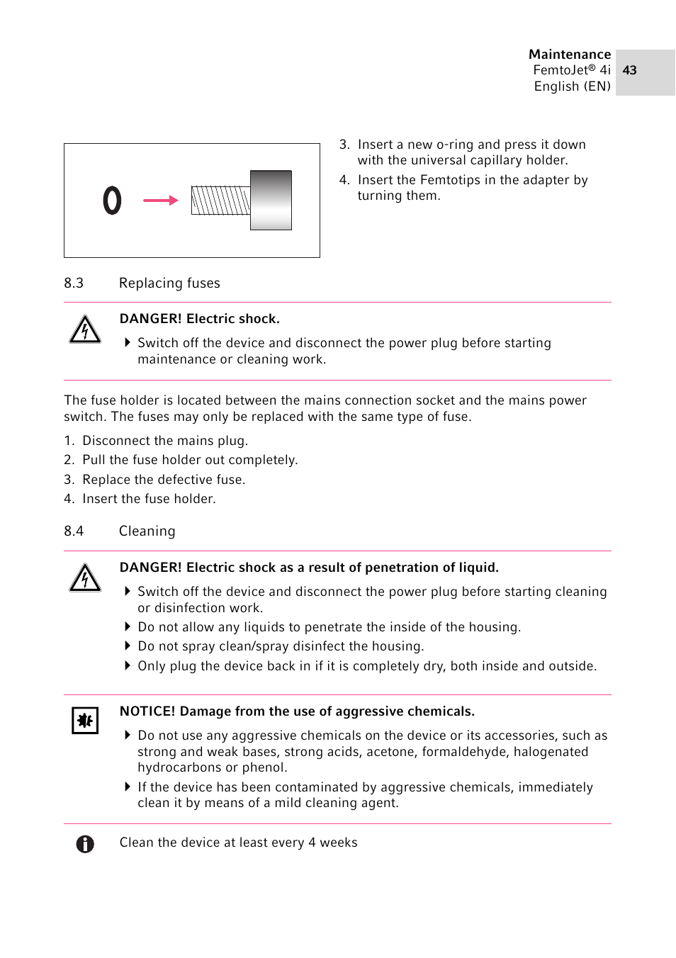 3 replacing fuses, 4 cleaning, Replacing fuses | Cleaning | Eppendorf FemtoJet 4x v.1 User Manual | Page 43 / 56