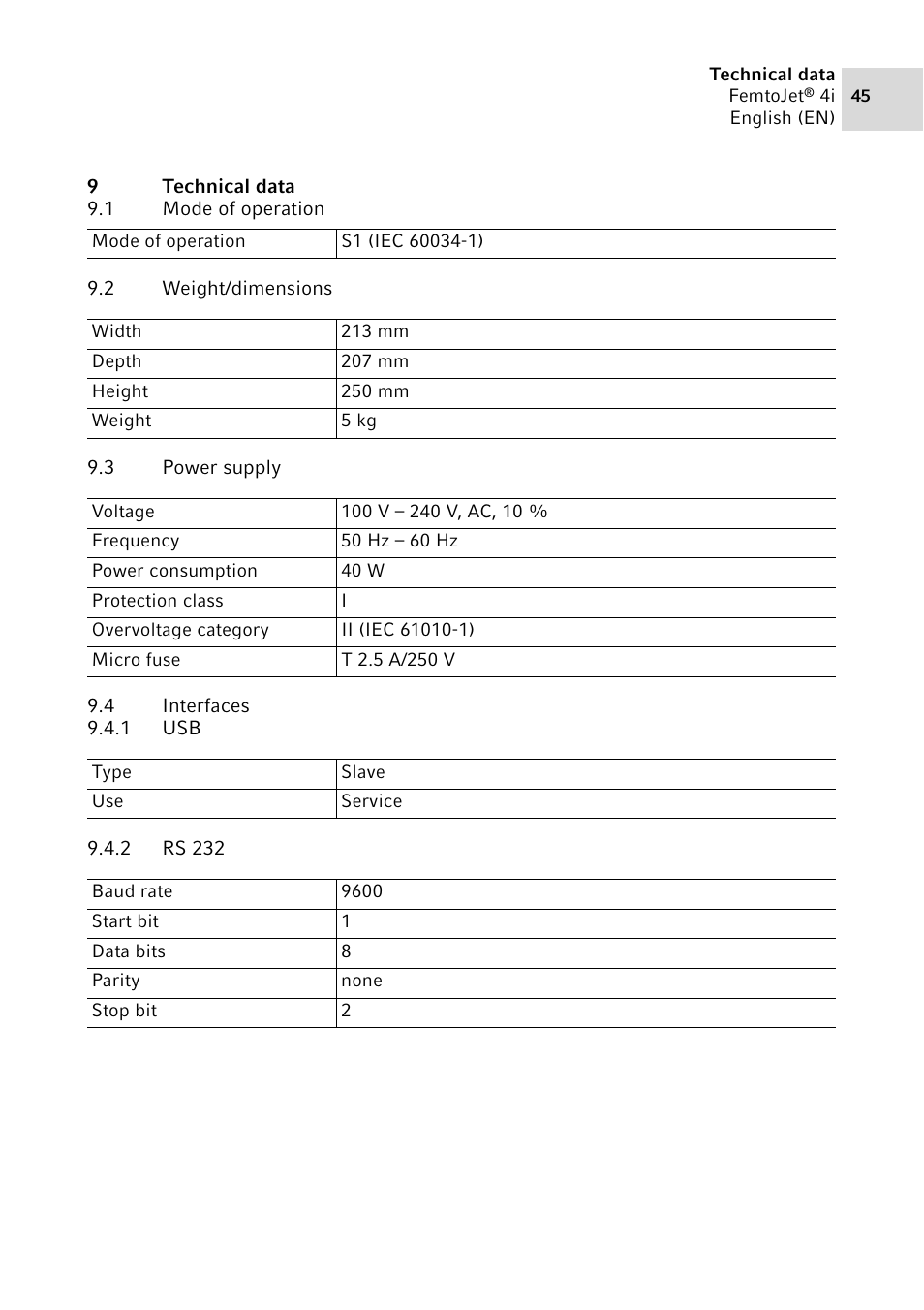 9 technical data, 1 mode of operation, 2 weight/dimensions | 3 power supply, 4 interfaces, 1 usb, 2 rs 232, Technical data 9.1, Mode of operation, Weight/dimensions | Eppendorf FemtoJet 4x v.1 User Manual | Page 45 / 56