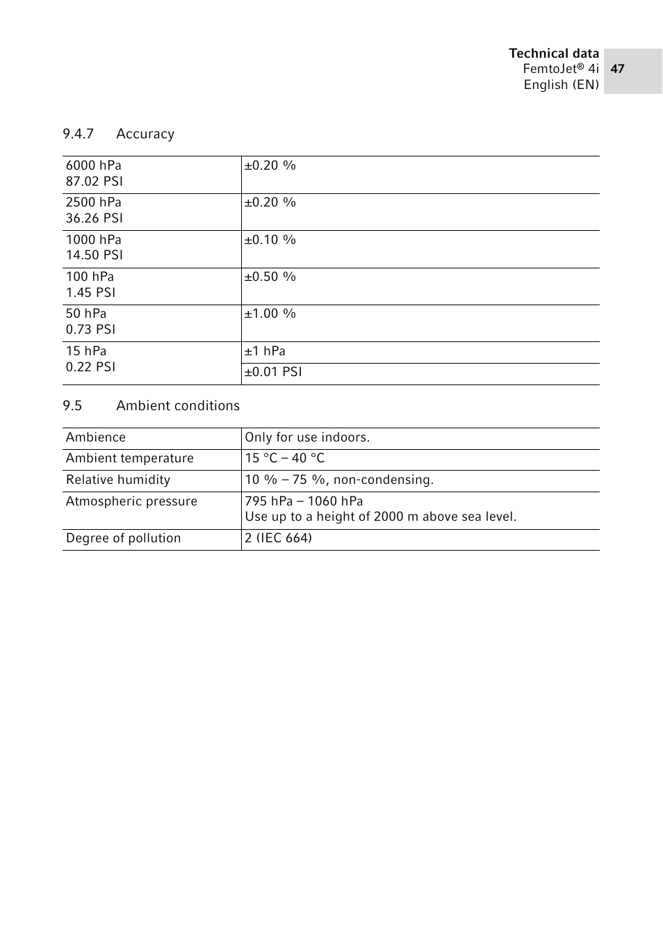 7 accuracy, 5 ambient conditions, Ambient conditions | Eppendorf FemtoJet 4x v.1 User Manual | Page 47 / 56