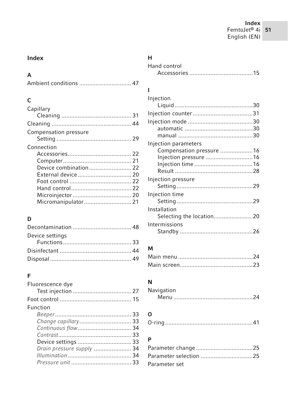 Index | Eppendorf FemtoJet 4x v.1 User Manual | Page 51 / 56