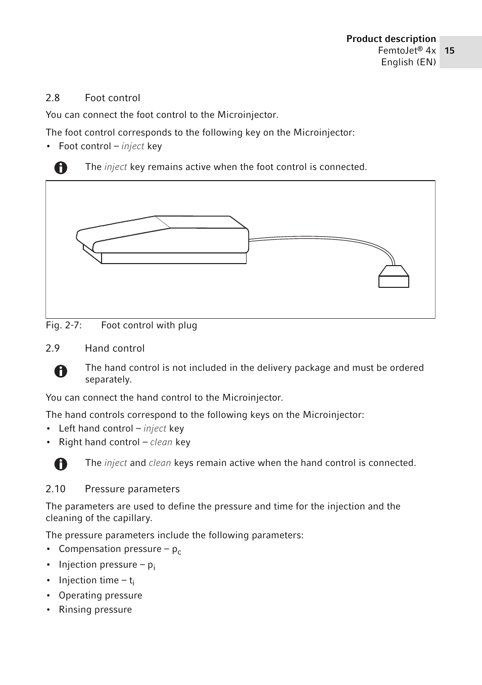 8 foot control, 9 hand control, 10 pressure parameters | Foot control, Hand control, Pressure parameters | Eppendorf FemtoJet 4x v.2 User Manual | Page 15 / 58