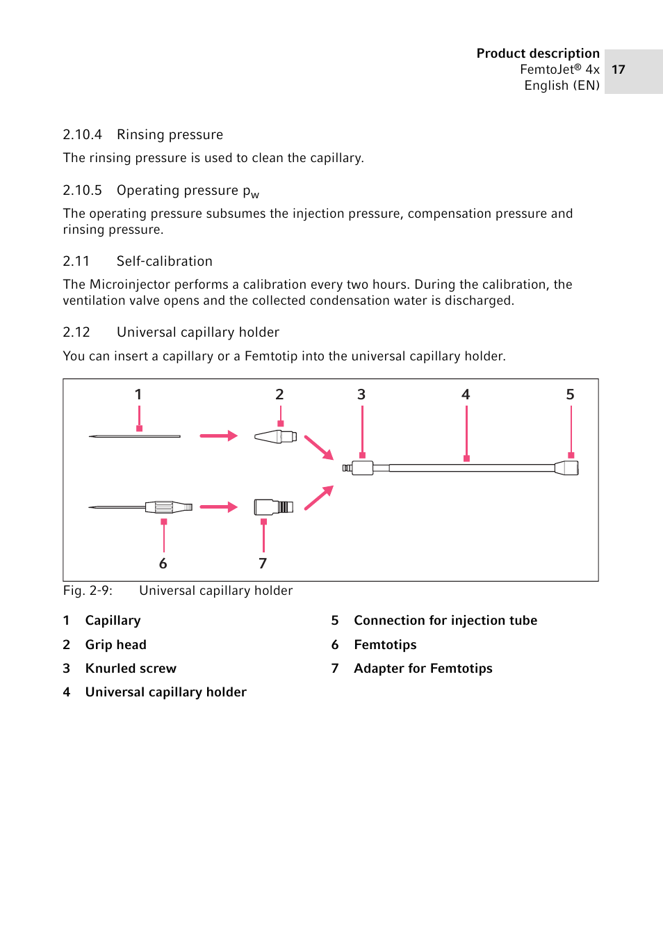 4 rinsing pressure, 5 operating pressure pw, 11 self-calibration | 12 universal capillary holder, Rinsing pressure, Operating pressure p, Self-calibration, Universal capillary holder | Eppendorf FemtoJet 4x v.2 User Manual | Page 17 / 58