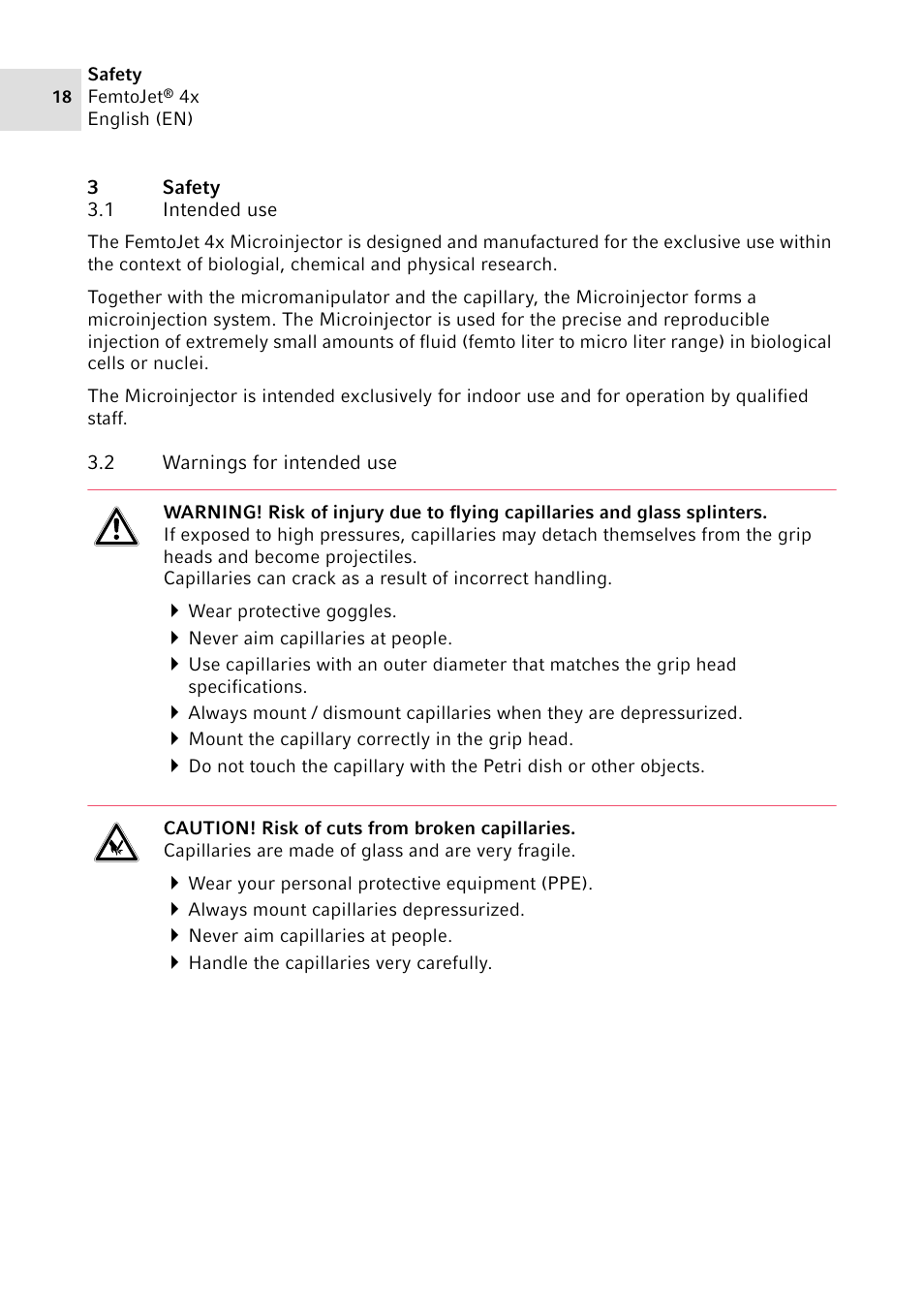 3 safety, 1 intended use, 2 warnings for intended use | Safety 3.1, Intended use, Warnings for intended use | Eppendorf FemtoJet 4x v.2 User Manual | Page 18 / 58
