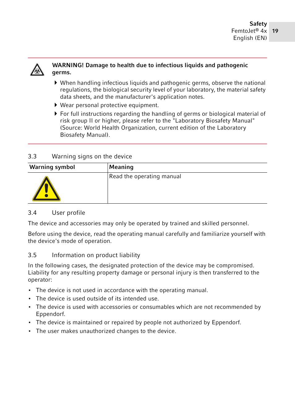 3 warning signs on the device, 4 user profile, 5 information on product liability | Warning signs on the device, User profile, Information on product liability | Eppendorf FemtoJet 4x v.2 User Manual | Page 19 / 58