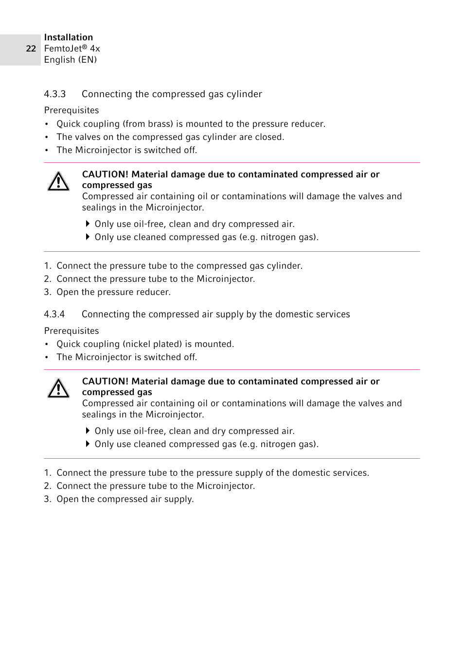 3 connecting the compressed gas cylinder, Connecting the compressed gas cylinder | Eppendorf FemtoJet 4x v.2 User Manual | Page 22 / 58