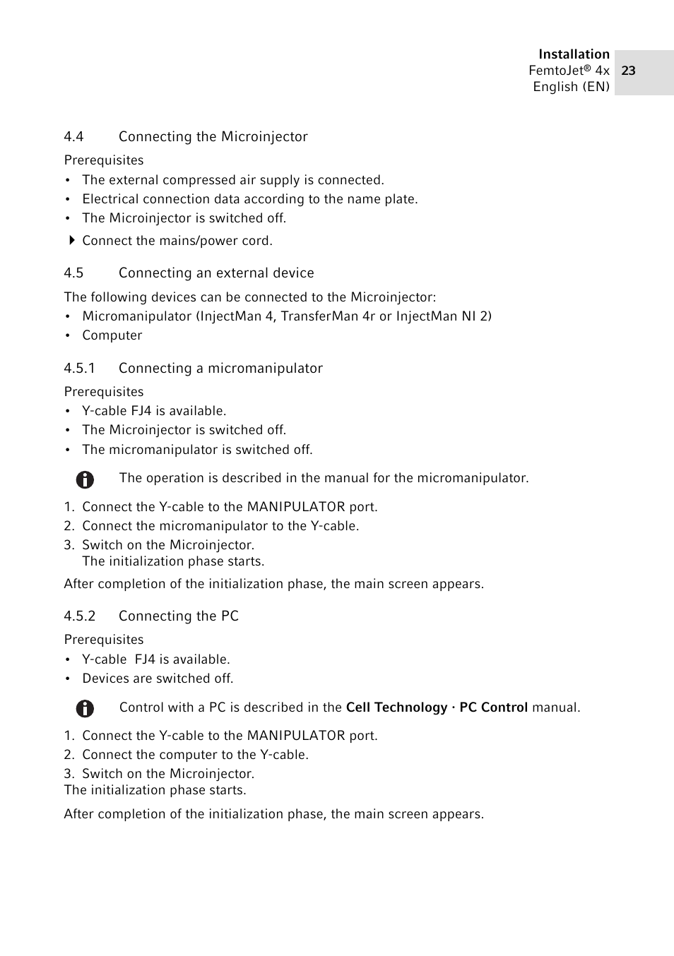 4 connecting the microinjector, 5 connecting an external device, 1 connecting a micromanipulator | 2 connecting the pc, Connecting the microinjector, Connecting an external device 4.5.1, Connecting a micromanipulator, Connecting the pc | Eppendorf FemtoJet 4x v.2 User Manual | Page 23 / 58