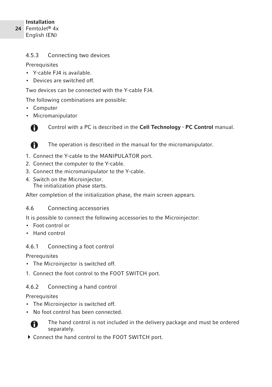 3 connecting two devices, 6 connecting accessories, 1 connecting a foot control | 2 connecting a hand control, Connecting two devices, Connecting accessories 4.6.1, Connecting a foot control, Connecting a hand control | Eppendorf FemtoJet 4x v.2 User Manual | Page 24 / 58