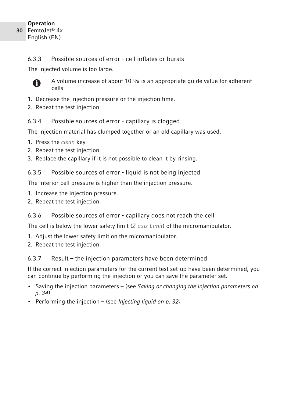 4 possible sources of error - capillary is clogged, Possible sources of error - capillary is clogged | Eppendorf FemtoJet 4x v.2 User Manual | Page 30 / 58