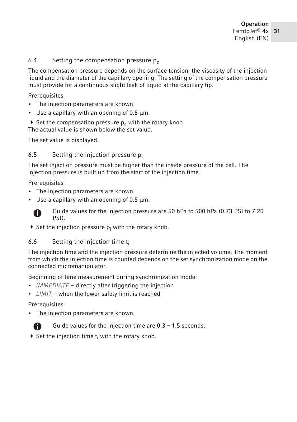4 setting the compensation pressure pc, 5 setting the injection pressure pi, 6 setting the injection time ti | Setting the compensation pressure p, Setting the injection pressure p, Setting the injection time t | Eppendorf FemtoJet 4x v.2 User Manual | Page 31 / 58