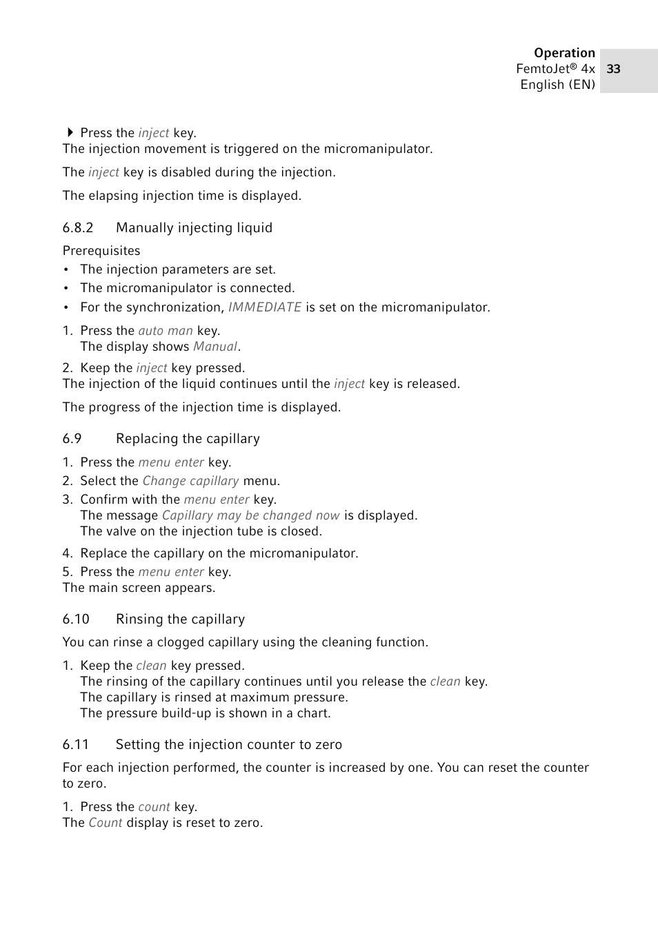 2 manually injecting liquid, 9 replacing the capillary, 10 rinsing the capillary | 11 setting the injection counter to zero, Manually injecting liquid, Replacing the capillary, Rinsing the capillary, Setting the injection counter to zero | Eppendorf FemtoJet 4x v.2 User Manual | Page 33 / 58