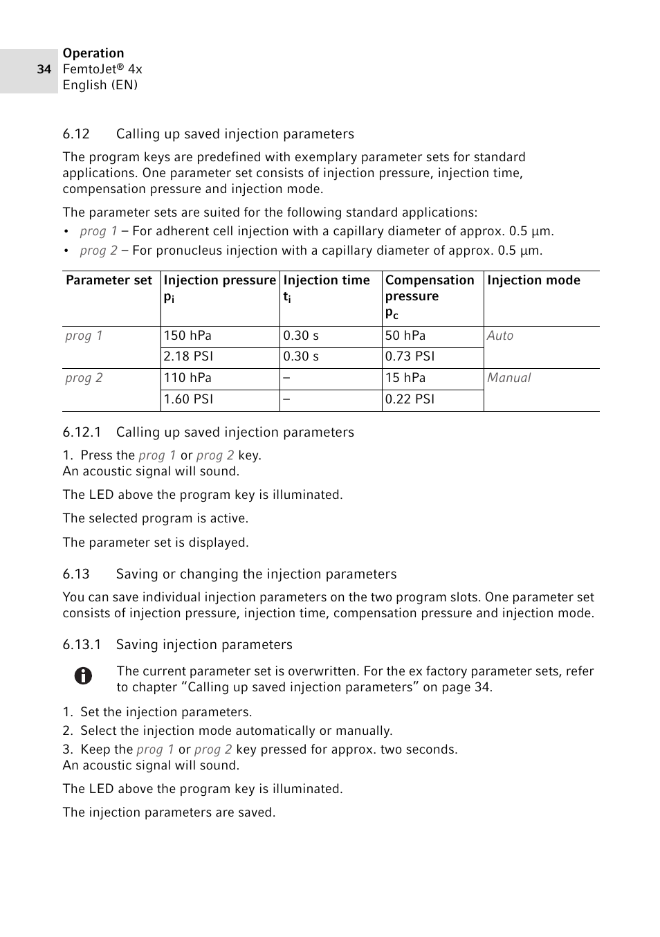 12 calling up saved injection parameters, 1 calling up saved injection parameters, 13 saving or changing the injection parameters | 1 saving injection parameters, Calling up saved injection parameters 6.12.1, Calling up saved injection parameters, Saving or changing the injection parameters 6.13.1, Saving injection parameters | Eppendorf FemtoJet 4x v.2 User Manual | Page 34 / 58