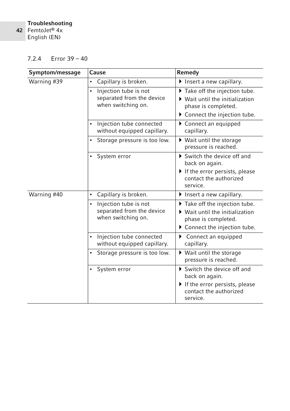 4 error 39 – 40, Error 39 – 40 | Eppendorf FemtoJet 4x v.2 User Manual | Page 42 / 58
