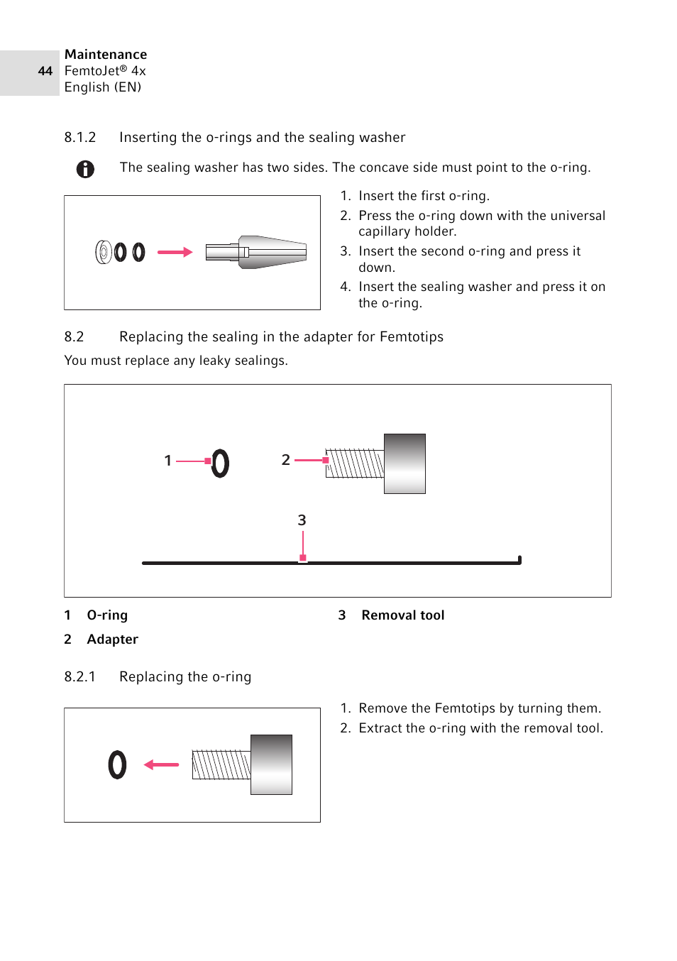 2 inserting the o-rings and the sealing washer, 1 replacing the o-ring, Inserting the o-rings and the sealing washer | Replacing the o-ring | Eppendorf FemtoJet 4x v.2 User Manual | Page 44 / 58