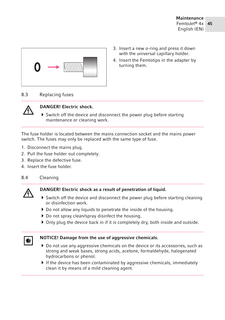 3 replacing fuses, 4 cleaning, Replacing fuses | Cleaning | Eppendorf FemtoJet 4x v.2 User Manual | Page 45 / 58